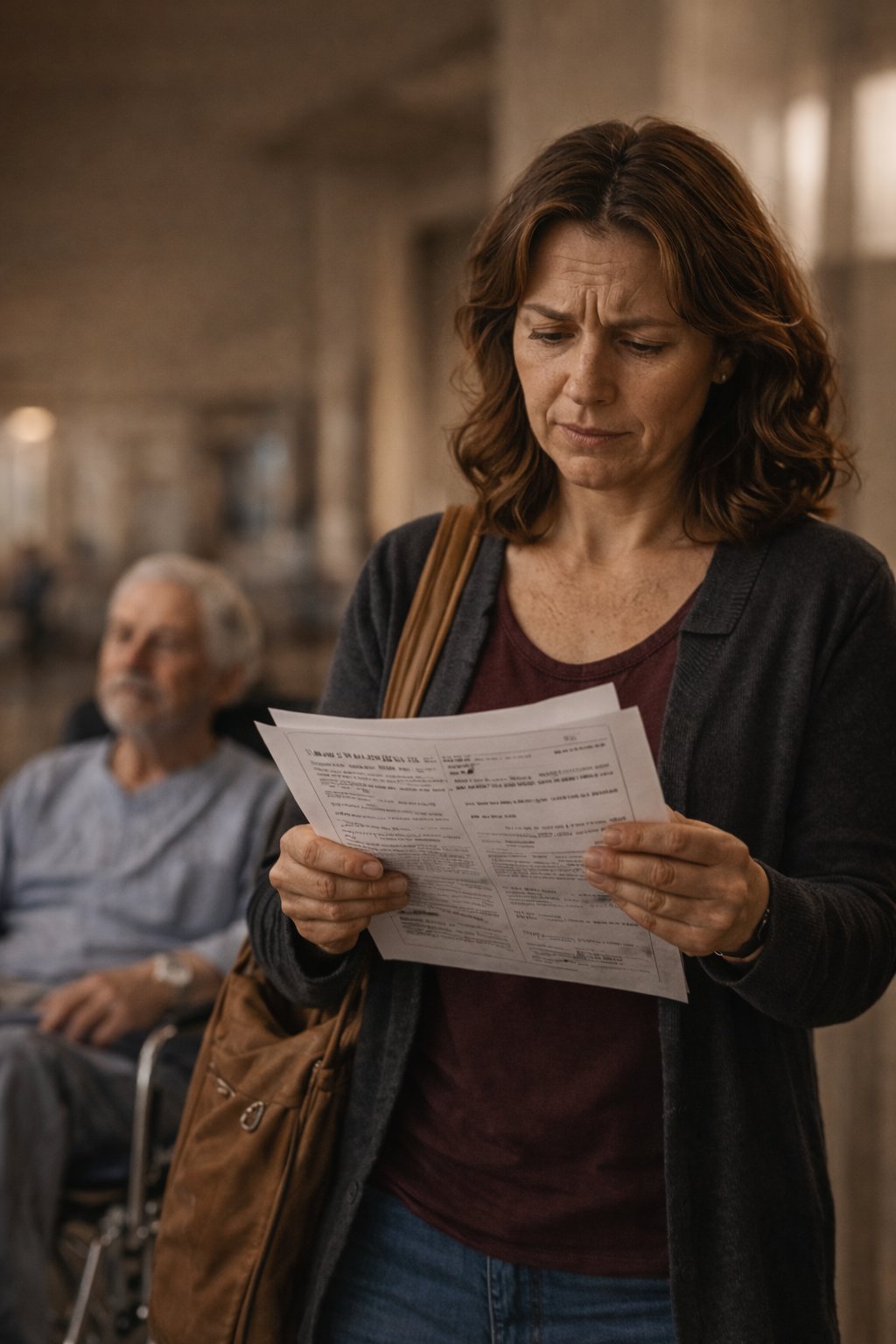 Caregiver overwhelmed with discharge papers at hospital
