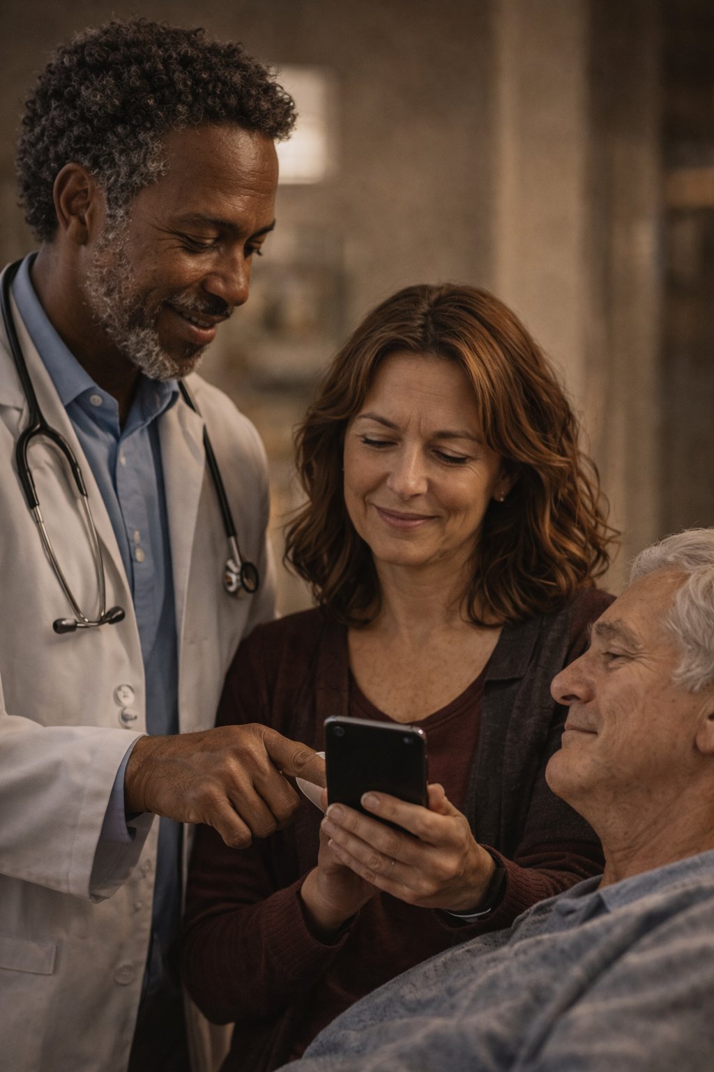 Doctor showing caregiver the app at bedside
