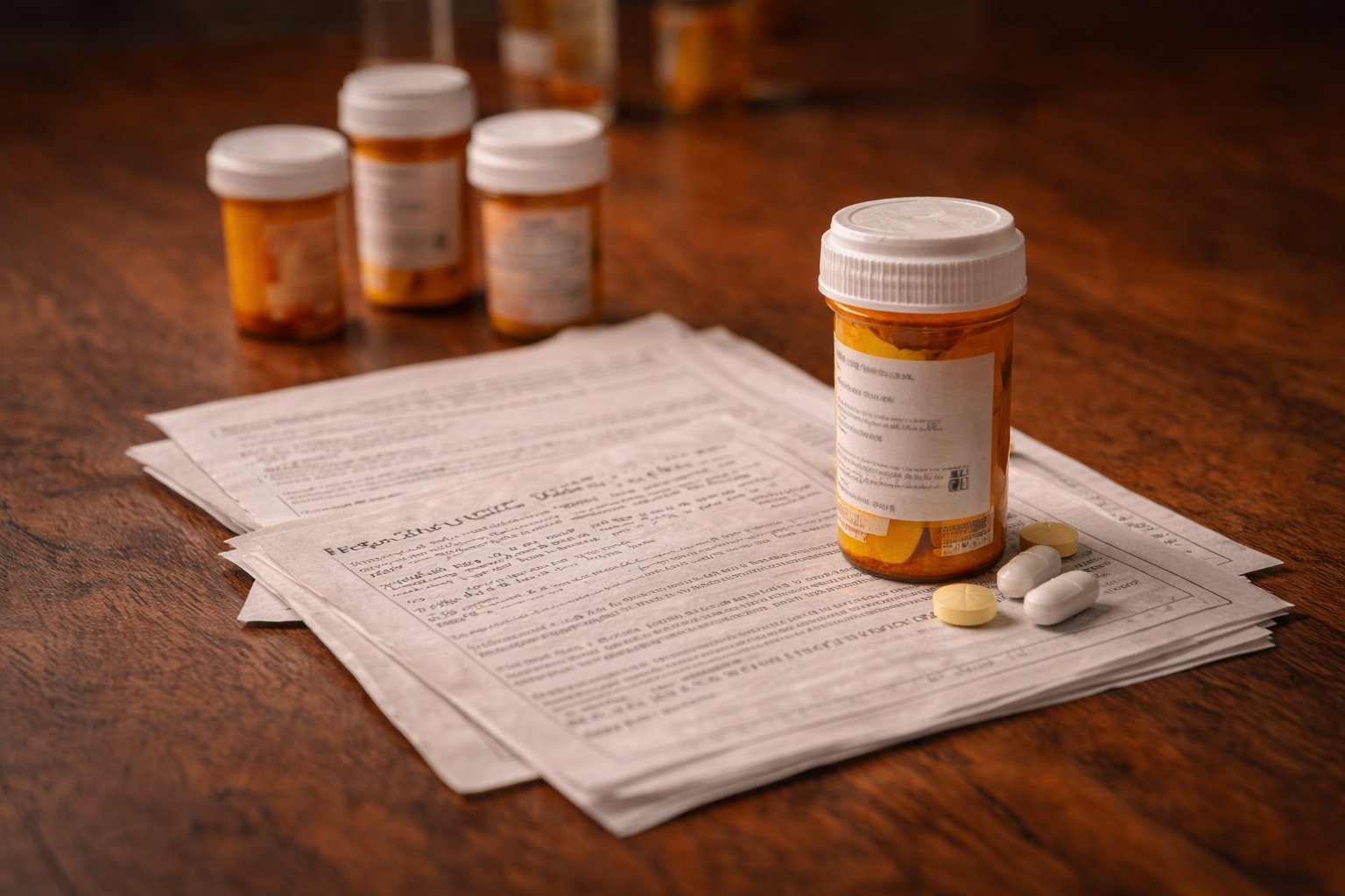 Prescription bottles and discharge papers on a table