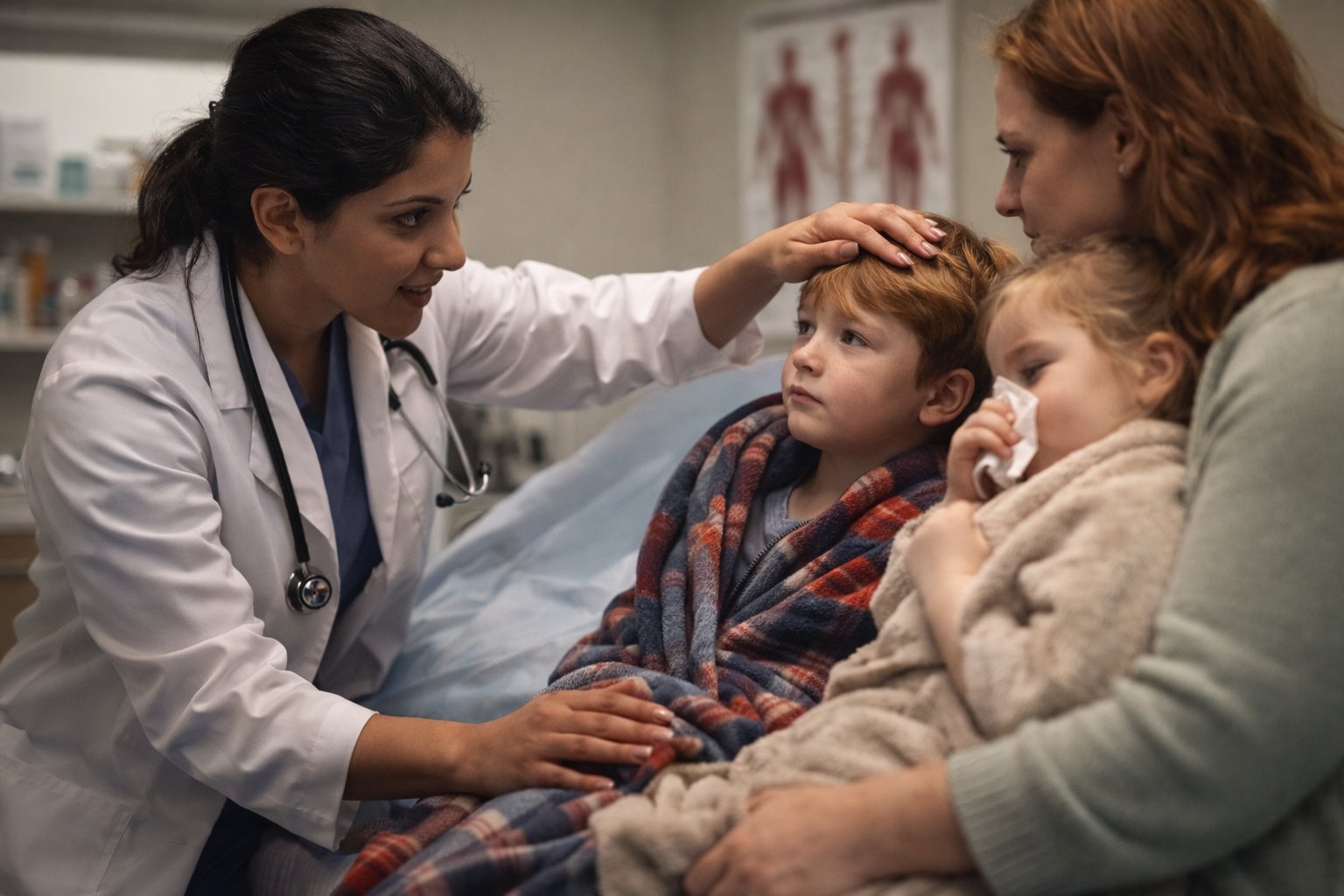 Doctor with sick children and mother